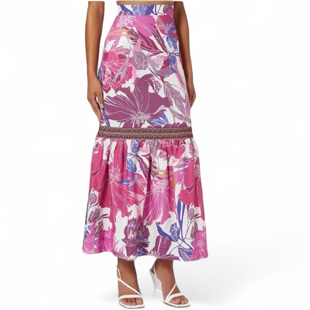 Isla & White Women’s Resort‎ Linen Blend Maxi Skirt Small Tropical Floral Print